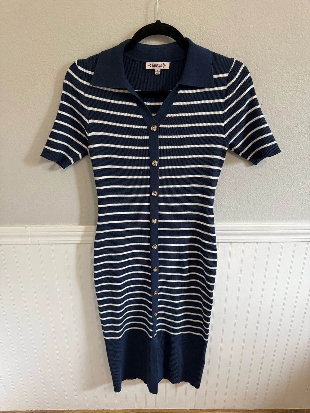 Nanette Lepore Striped Ribbed Knit Polo Midi Dress Navy White Size M - Mint - Picture 1 of 3